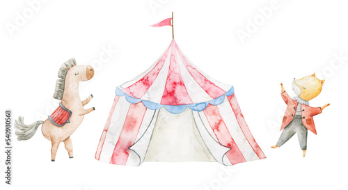 cute childish set with circus elements, party, perfomance collection, clipart
