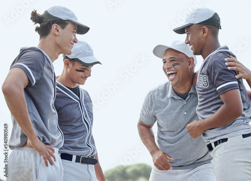 Photography Happy, team and baseball player group laughing together from game success outdoor