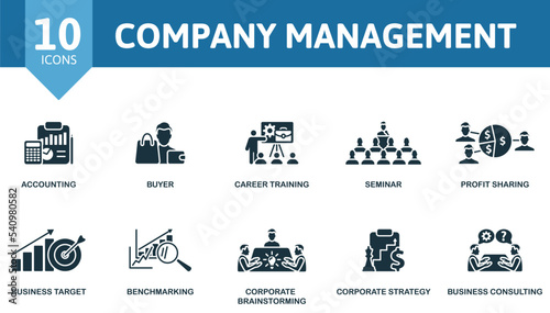 Company Management icon set. Monochrome simple Company Management icon collection. Accounting, Buyer, Career Training, Seminar, Profit Sharing, Business Target, Benchmarking, Corporate Brainstorming