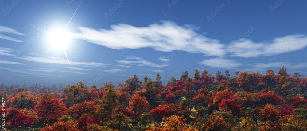 Autumn landscape, autumn trees with red and yellow leaves against the sky with sun and clouds, 3d rendering