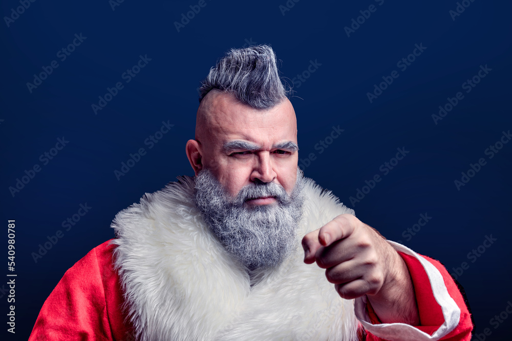 Severe dangerous Santa Claus with mohawk. Evil aggressive grayhaired