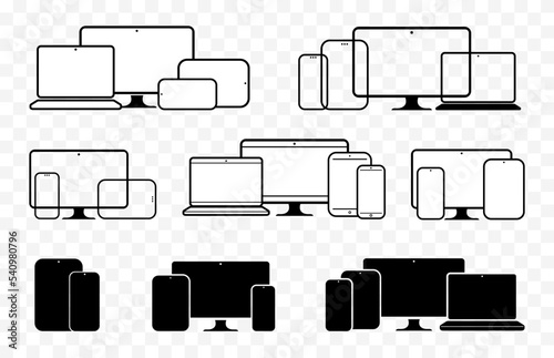 Digital Device Icons Vector Illustration Set. Mobile phone, tablet PC, computer monitor and laptop screen icons with transparent background.