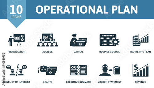 Operational Plan icon set. Monochrome simple Operational Plan icon collection. Presentation, Audiece, Capital, Business Model, Marketing Plan, Conflict Of Interest, Grants, Executive Summary, Mission