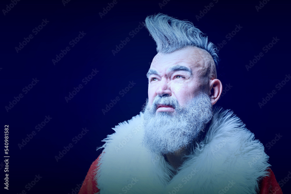 Severe dangerous Santa Claus with mohawk. Evil aggressive grayhaired