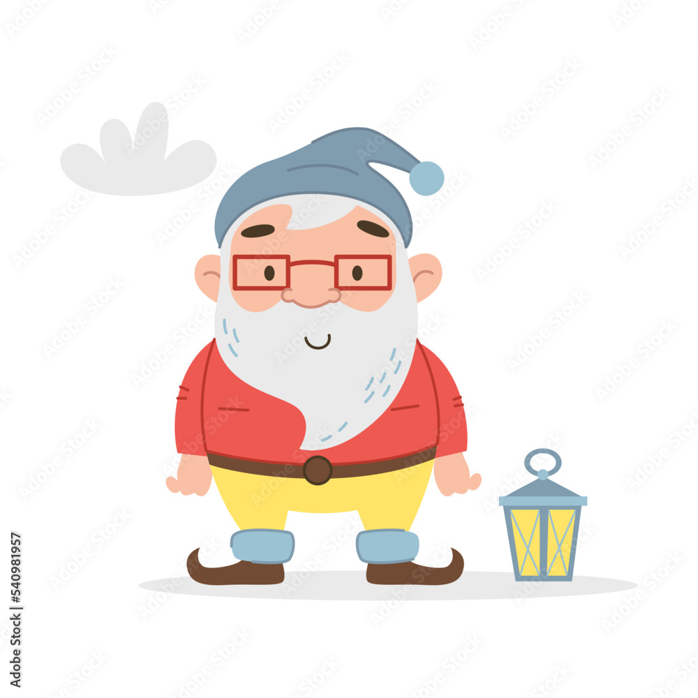 Fantasy character garden gnome in a hat, glasses, with a cloud and a flashlight. Vector isolated flat illustration