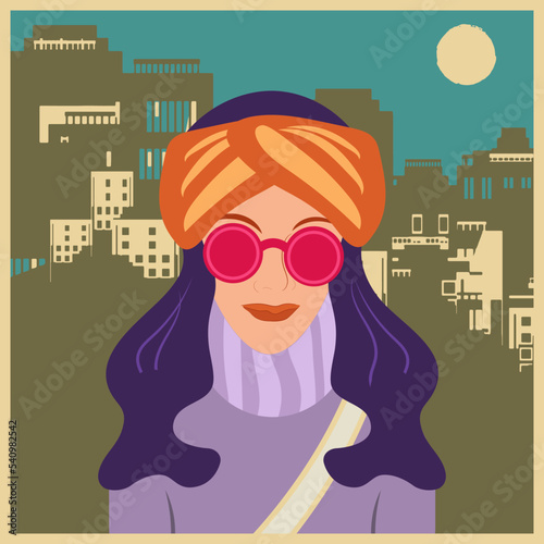 A girl in an orange turban and pink glasses on the background of a night city. Vector illustration