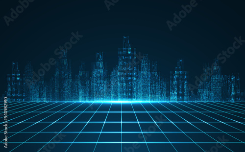 Cityscape on dark blue background with bright glowing neon. Technology city background