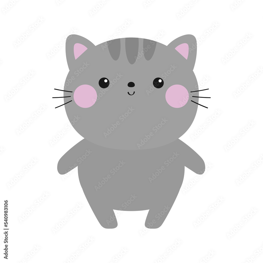 Obraz premium Gray cat. Cute kitten silhouette. Funny face head. Kawaii cartoon baby character. Happy Valentines Day. Notebook sticker print template. Flat design. White background. Isolated.