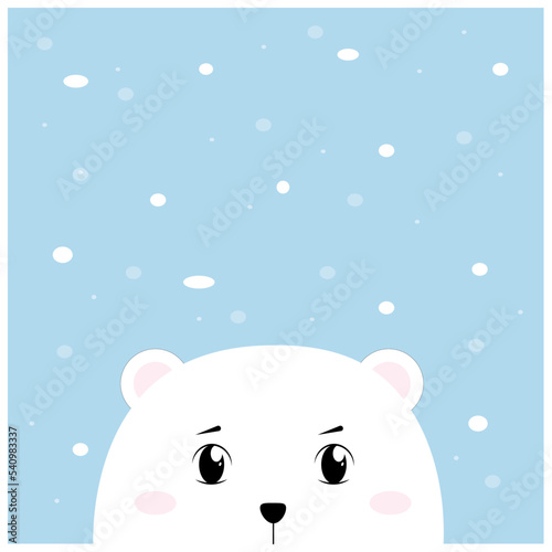 cute muzzle of a polar bear against the background of falling snow. blue background