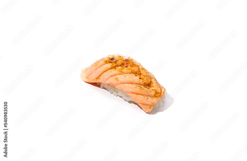 Baked salmon sushi isolated on white background Simple sushi with fresh salmon fillet in minimal style. Japanese food - susi with burnt salmon and rice. Nigiri sushi with fish