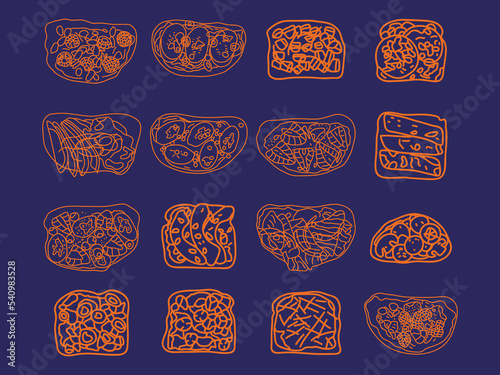 hand drawn toast outline icon set .toast sandwich line art doodle illustration 