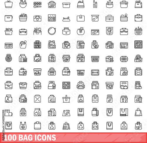 100 bag icons set. Outline illustration of 100 bag icons vector set isolated on white background