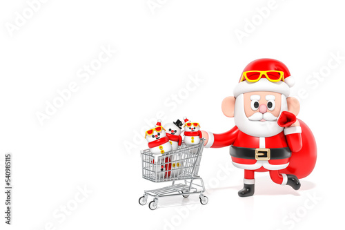 Santa Claus carrying giant red bag pushing shopping cart full of snowman dolls on white background 3d rendering. 3d illustration celebration christmas and cute new year festive design concept. © Ongushi