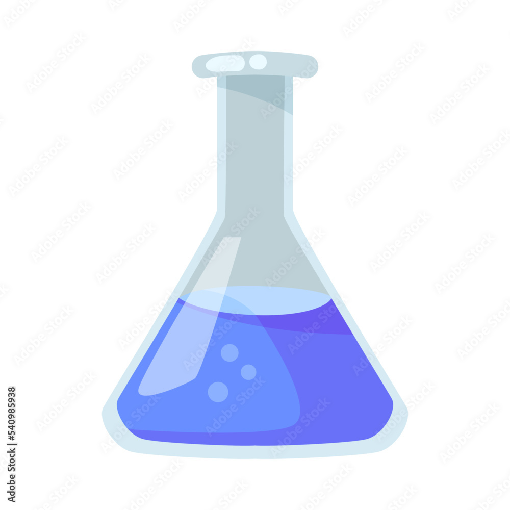 Cartoon conical flask with blue liquid. Using glass flasks for conducting chemical analysis or experiment and making potion. Lab equipment, laboratory, chemistry concept - obrazy, fototapety, plakaty 