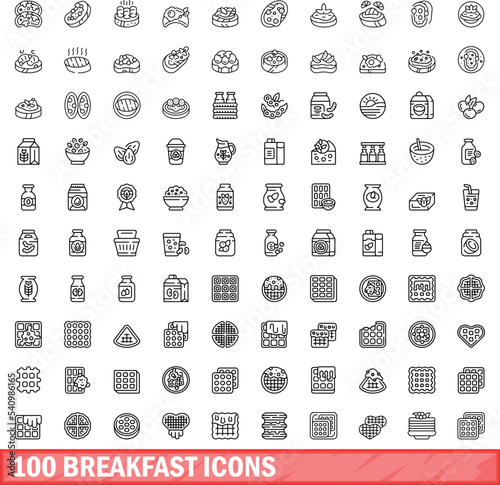 100 breakfast icons set. Outline illustration of 100 breakfast icons vector set isolated on white background