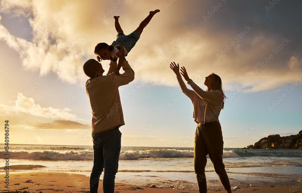 Family, beach and fun with a girl, mother and father by the sea for summer vacation or holiday at sunset. Travel, children and ocean with a man, woman and daughter playing or bonding on the sand