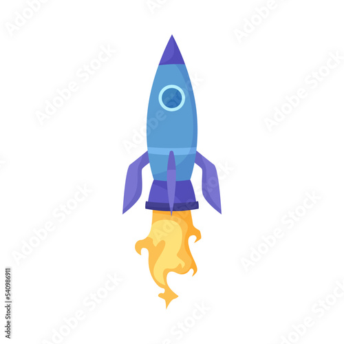 Purple reactive rocket firing flame cartoon illustration. Colorful missile taking off, space ship launch with orange jet steam isolated on white background. Flight, speed concept