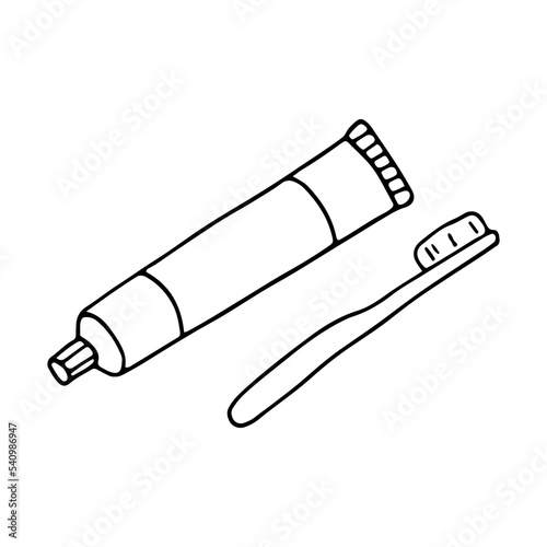 Oral hygiene products. A tube of toothpaste and a toothbrush. Hygiene, daily dental care. Doodle. Hand drawn. Vector illustration. Outline.