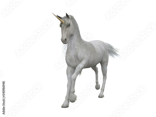 White unicorn trotting  front view. Fairytale creature 3d illustration isolated on transparent background.