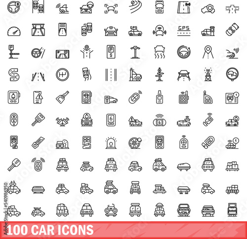 100 car icons set. Outline illustration of 100 car icons vector set isolated on white background