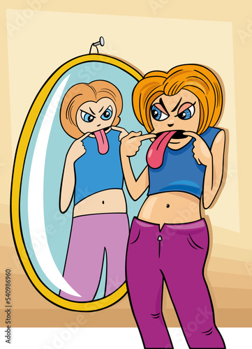 cartoon woman sticking out her tongue to herself in the mirror