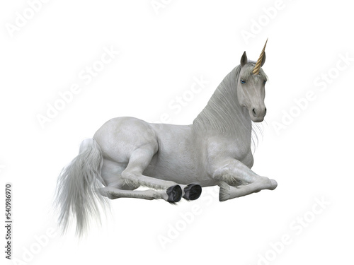 White unicorn lying down. Fairytale creature 3d illustration isolated on transparent background.