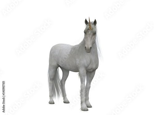 White unicorn standing facing the camera. Fairytale creature 3d illustration isolated on transparent background.