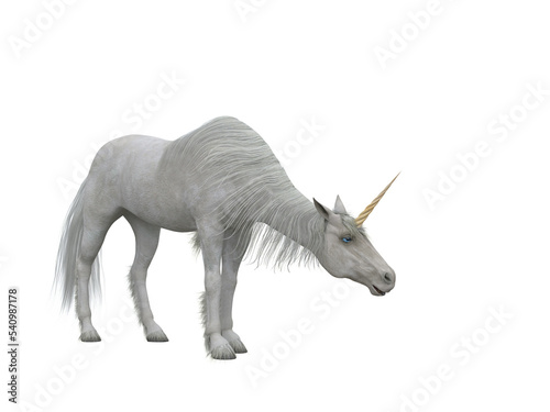White unicorn with head bowed down in greeting. Fairytale creature 3d illustration isolated on transparent background.