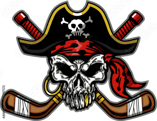 pirate skull mascot with crossed hockey sticks for school, college or league sports