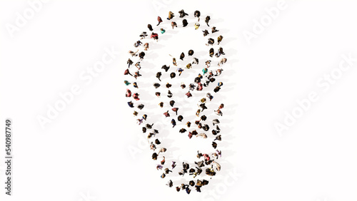 Concept or conceptual large comunity of people forming the image of an ear on gray background.  A 3d illustration metaphor for hearing loss, tinnitus, vertigo, ear pain or infection, auditory testing photo