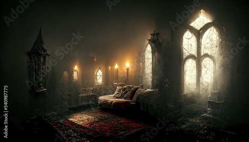AI generated or 3D illustrated image on the living room of a vampire castle. Dracula's castle 