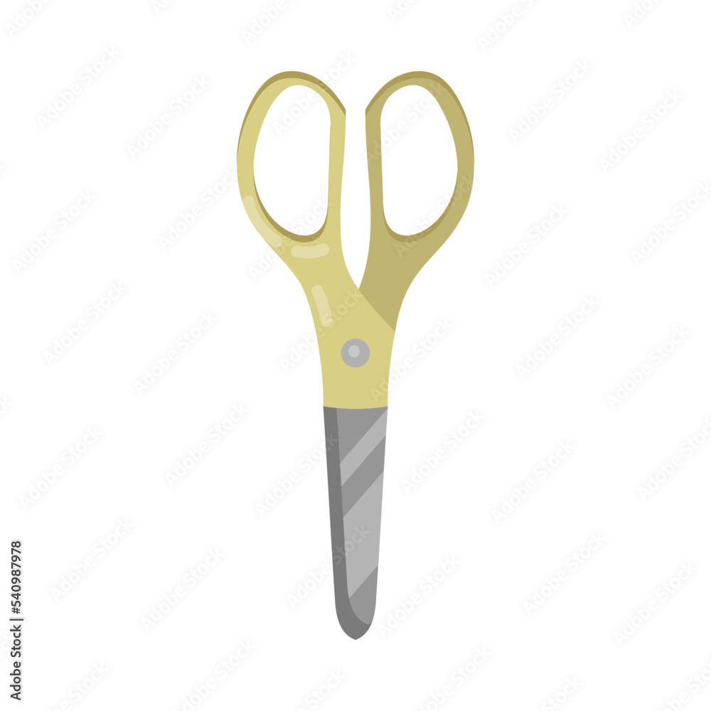 Metal or steel scissors with yellow handle cartoon illustration. Equipment or instrument for stationery or handicrafts, closed shears, paper cutting tool on white background. Craft concept Metal or steel scissors with yellow handle cartoon illustration. Equipment or instrument for stationery or handicrafts, closed shears, paper cutting tool on white background. Craft concept
