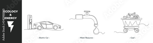 Single one line drawing energy and ecology concept set. Electric car, Water energy and coal energy. Continuous line draw design graphic vector illustration.