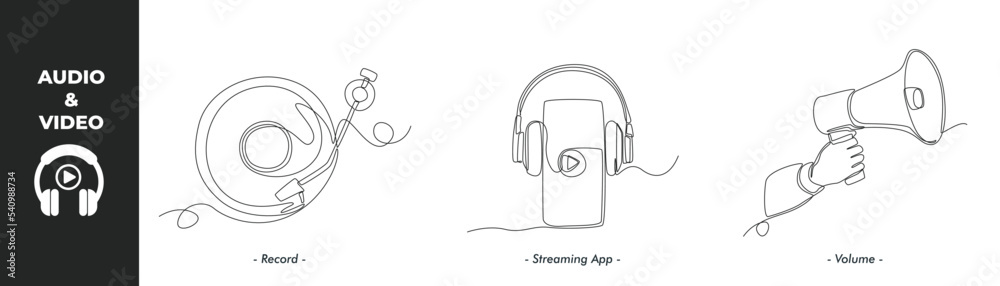 Continuous one line drawing winter audio and video concept set. Record, Streaming app and Volume icon. Single line draw design vector graphic illustration. Continuous one line drawing winter audio and video concept set. Record, Streaming app and Volume icon. Single line draw design vector graphic illustration.