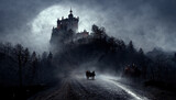 AI generated image of a hansom carriage driving towards a vampire castle. Dracula's castle