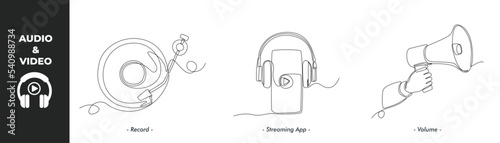 Continuous one line drawing winter audio and video concept set. Record, Streaming app and Volume icon. Single line draw design vector graphic illustration.