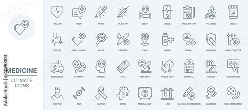 Medicine, healthcare thin line icons set vector illustration. Outline hospital equipment, medical care and help by doctor, herbal drugs therapy, pills and vitamins prescription from pharmacy