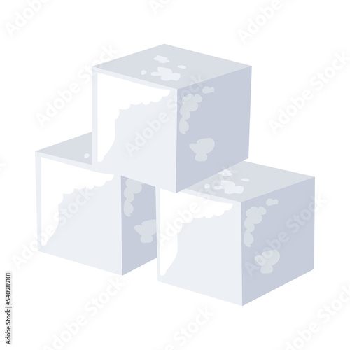 Three lumps of cube sugar. Blocks of white sugar. Vector illustration isolated in white background. Sweet food, sucrose concept.