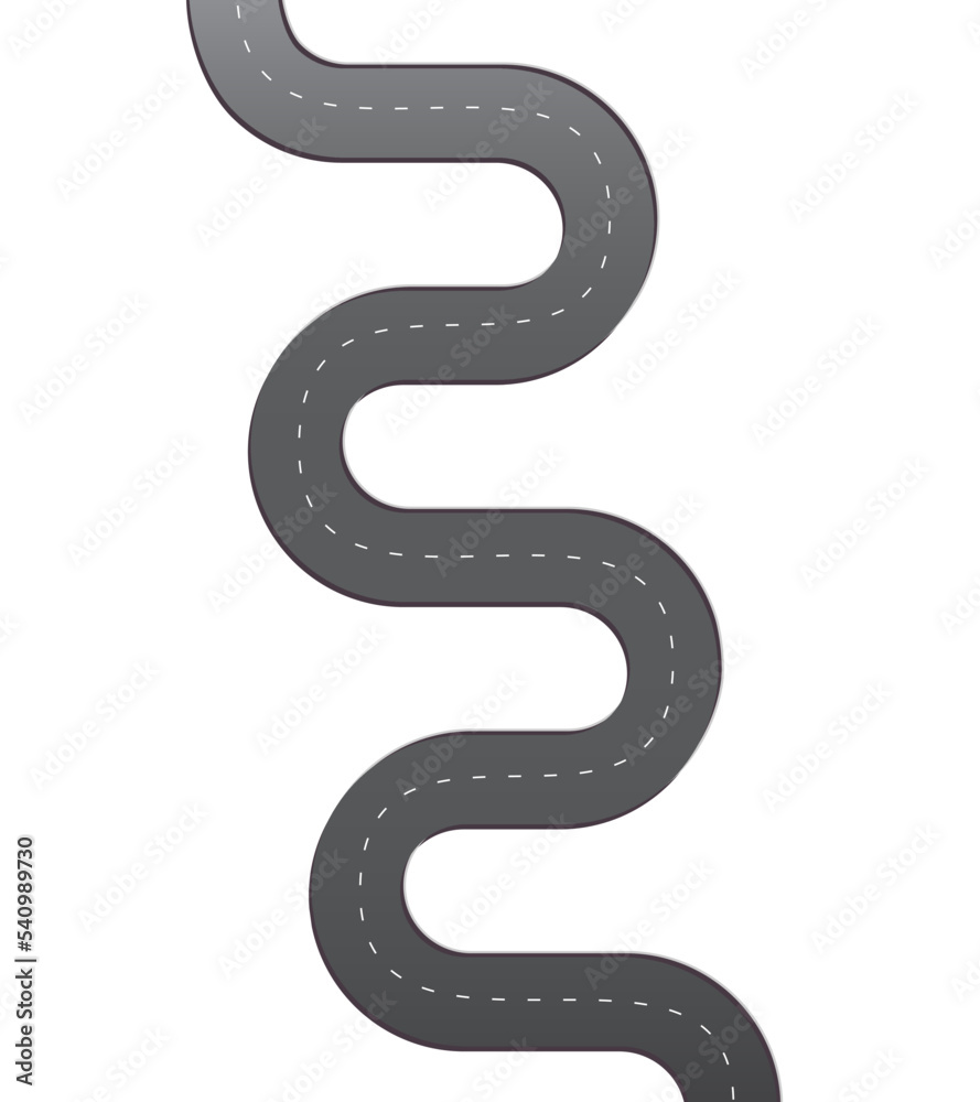 Gray gradient winding road with broken line in middle isolated on white.  Clipart. Stock Vector