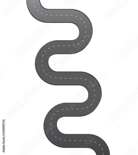 Gray gradient winding road with broken line in middle isolated on white. Clipart.