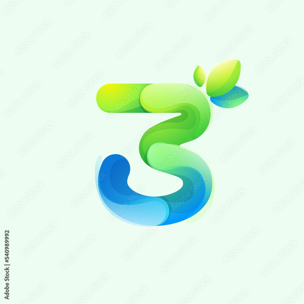 Number three eco logo with gradient lines with green leaf. Environment friendly icon made of overlapping parts. Number three eco logo with gradient lines with green leaf. Environment friendly icon made of overlapping parts.