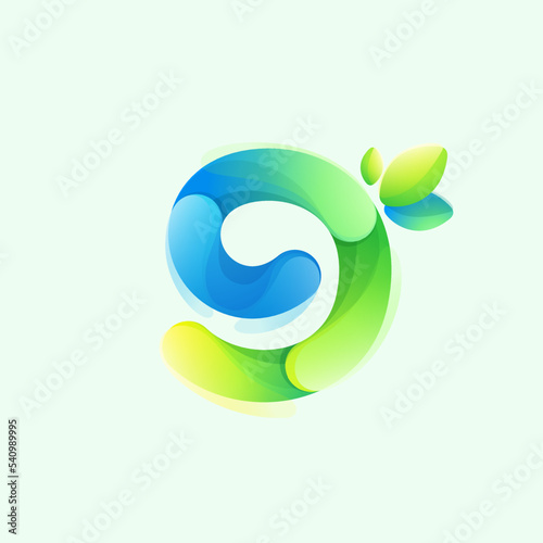 Number nine eco logo with gradient lines with green leaf. Environment friendly icon made of overlapping parts.