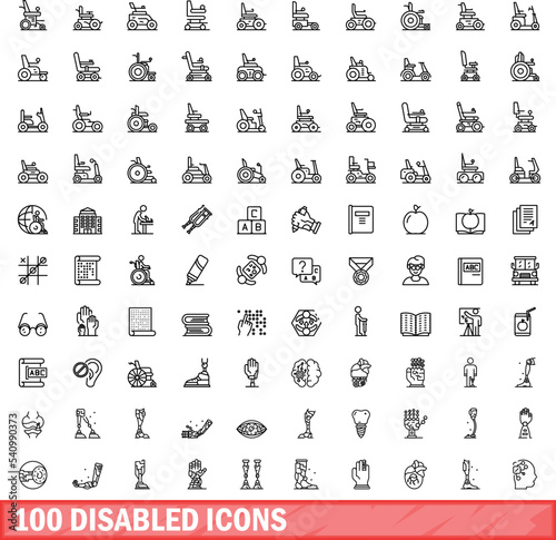 100 disabled icons set. Outline illustration of 100 disabled icons vector set isolated on white background
