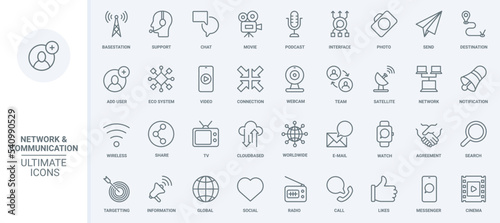 Social media, global network technology thin line icons set vector illustration. Outline communication tower and satellite system, global support, email notification and chat messages symbols