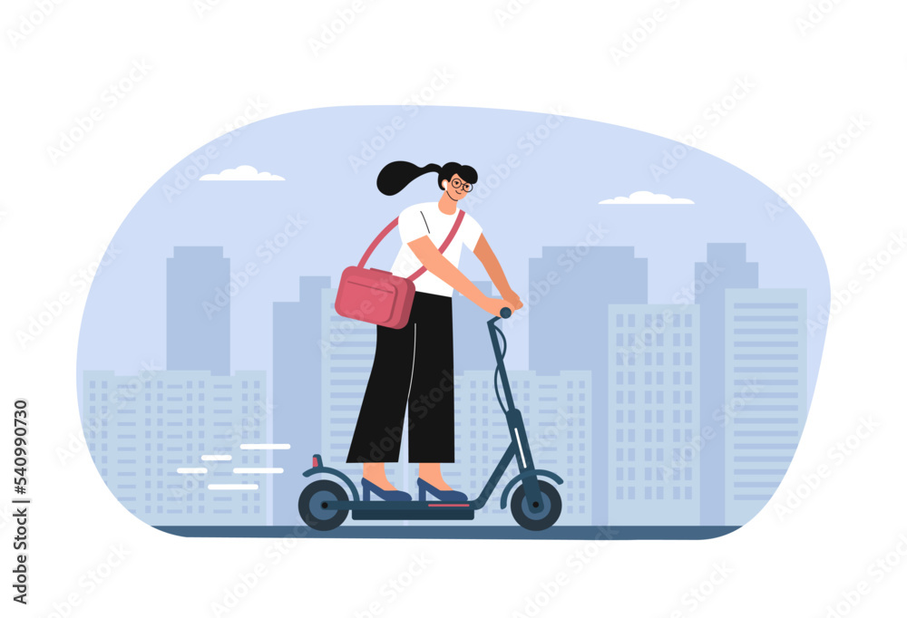 A woman rides an electric scooter in the city. Vector illustration. A woman rides an electric scooter in the city. Vector illustration.