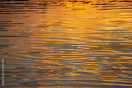 the water surface of a river or lake with sun glare at sunset