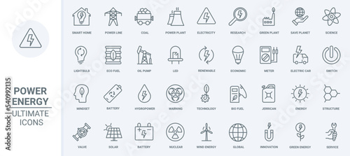 Innovation researches in energy and power production thin line icons set vector illustration. Outline solar panel and wind mill, nuclear and water power plant, electric car, eco mindset to save planet