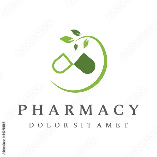 Pharmacy logo template design with bowl and pounded herbal medicine.Logos for medicine, doctor, hospital and pharmacy.