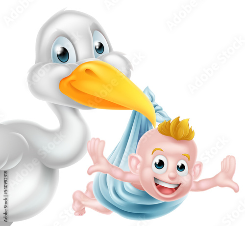 Cartoon stork delivering baby