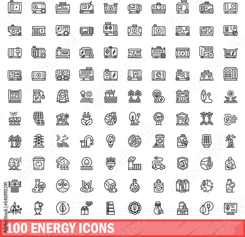 100 energy icons set. Outline illustration of 100 energy icons vector set isolated on white background photo